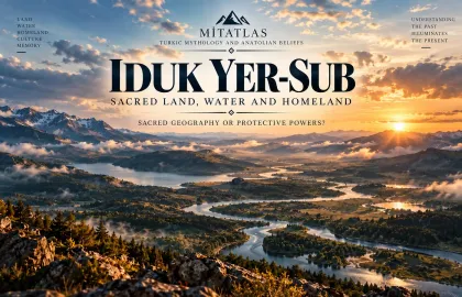Iduk Yer-Sub editorial cover: snowy mountains, forest, lake and winding river in golden light evoke the theme of sacred land and water.