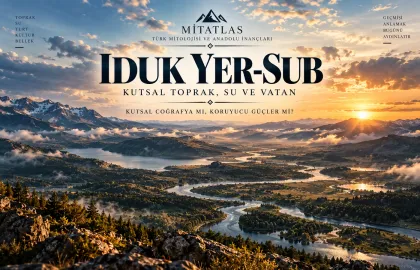 Iduk Yer-Sub başlıklı editoryal kapak: altın ışıkta karlı dağlar, orman, göl ve kıvrılan nehirle betimlenen kutsal coğrafya teması.