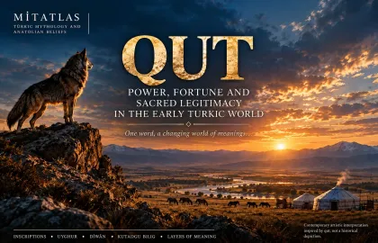 Qut editorial cover: a wolf on a rocky ledge above a sunlit steppe, river, horses and yurts; a contemporary interpretation of the concept.