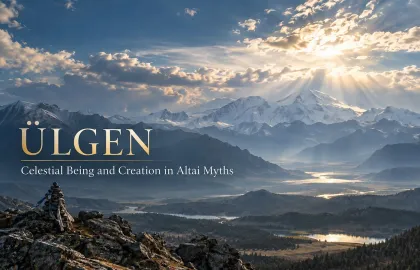 Ülgen editorial cover: a stone cairn with cloth strips overlooks snowy mountains and a river valley lit through the clouds.