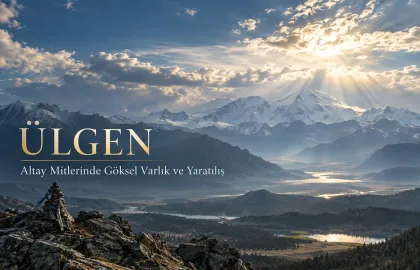 Ülgen başlıklı editoryal kapak: ön planda bez şeritli taş yığını, geride karlı dağlar ve bulutlardan ışık düşen nehir vadisi.