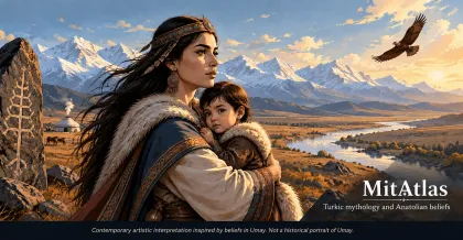 Artistic interpretation inspired by Umay: a woman holds a child beside a river valley, snowy mountains and a flying eagle; not a historical portrait.