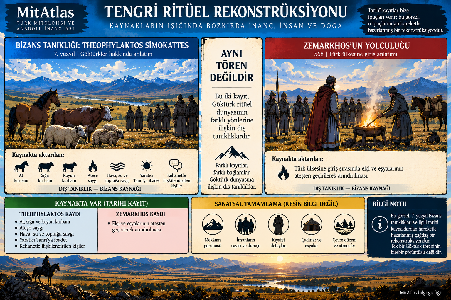 Theophylaktos ve Zemarkhos anlatılarını birbirinden ayırarak Göktürk ritüel dünyasına ilişkin tarihî kayıt ve sanatsal rekonstrüksiyonu karşılaştıran MitAtlas bilgi grafiği.