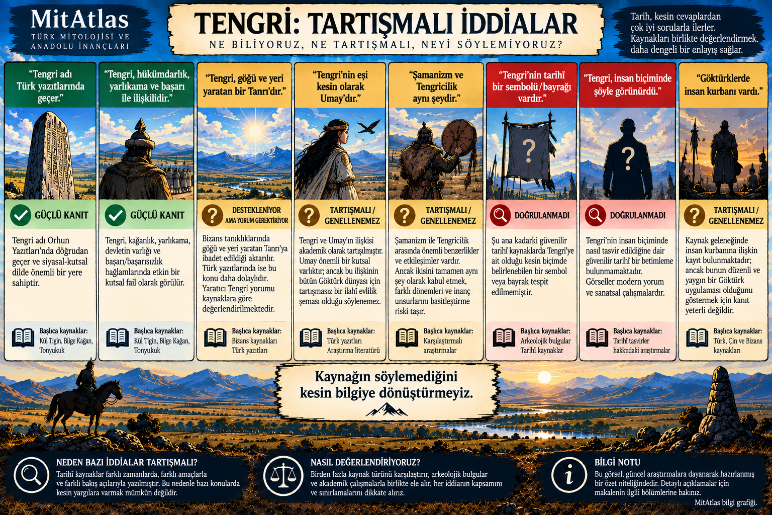 Tengri hakkındaki popüler iddiaları güçlü kanıt, yorum gerektiren, tartışmalı ve doğrulanmamış bilgi düzeyleriyle değerlendiren MitAtlas bilgi grafiği.