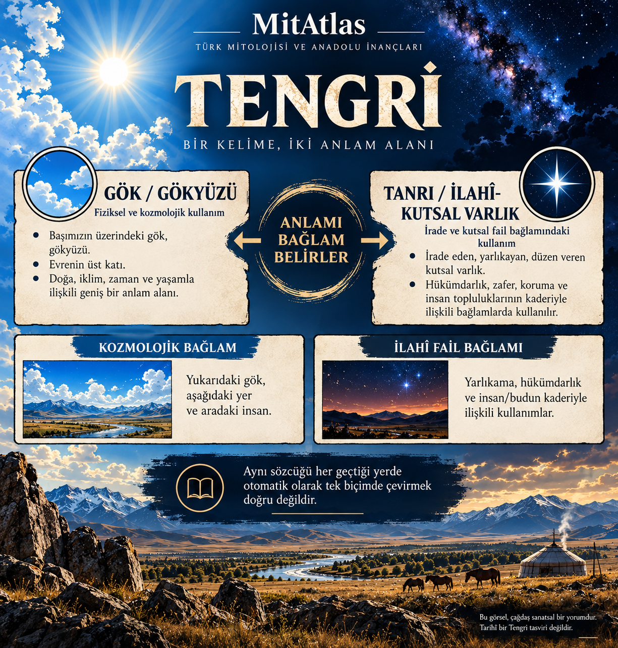 Eski Türkçe teŋri sözcüğünün gök ve ilahî-kutsal varlık anlam alanlarını bağlama göre karşılaştıran MitAtlas bilgi grafiği.