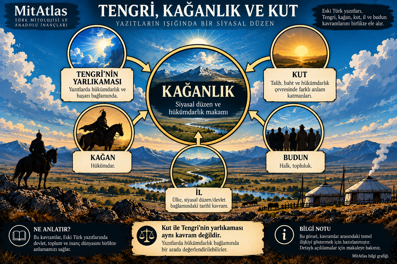 Tengri'nin yarlıkaması, kut, kağan, il ve budun kavramlarının kağanlık çevresindeki ilişkisini açıklayan MitAtlas bilgi grafiği.