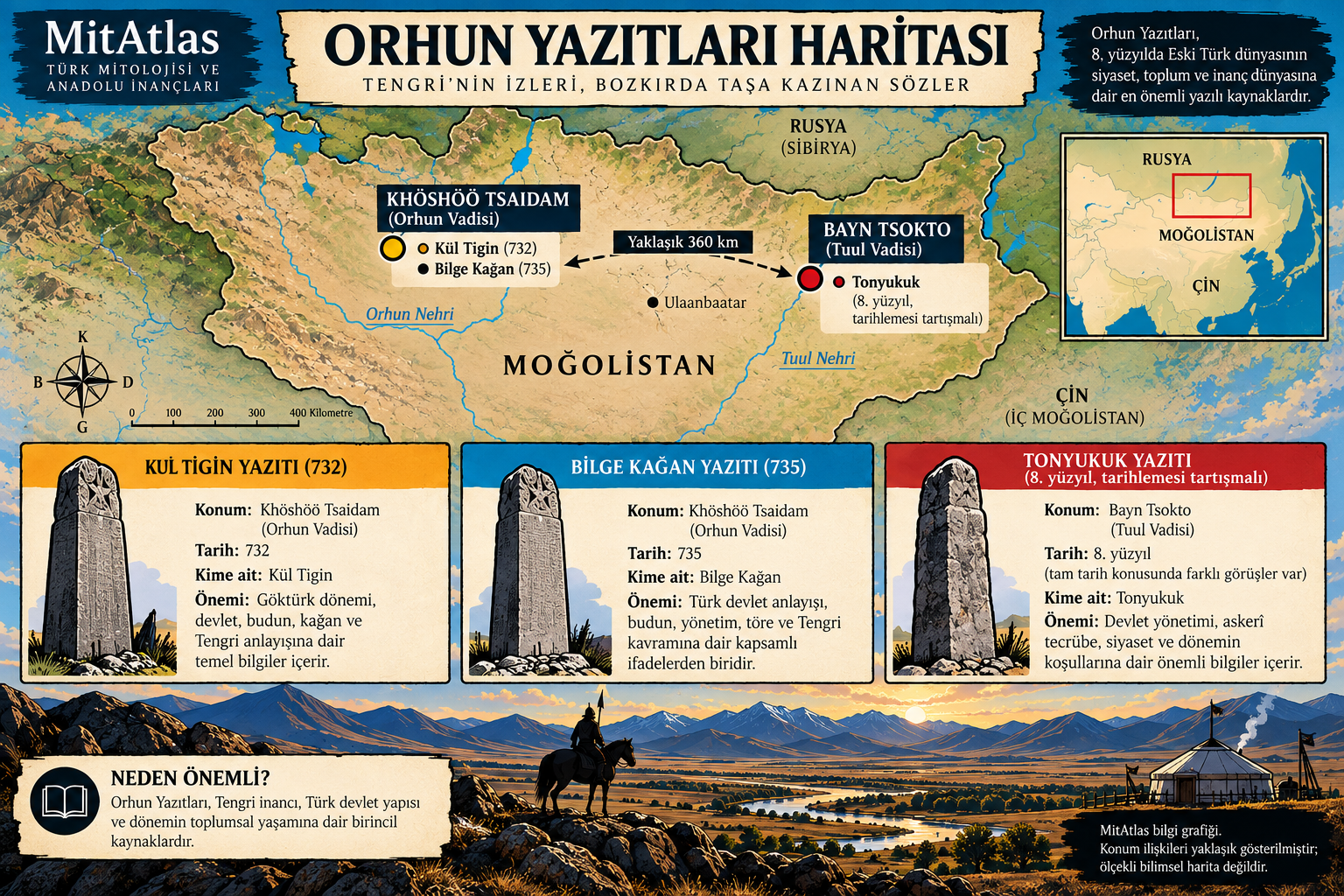 Kül Tigin, Bilge Kağan ve Tonyukuk yazıtlarının anıt alanları arasındaki yaklaşık coğrafi ilişkiyi gösteren MitAtlas bilgi grafiği.