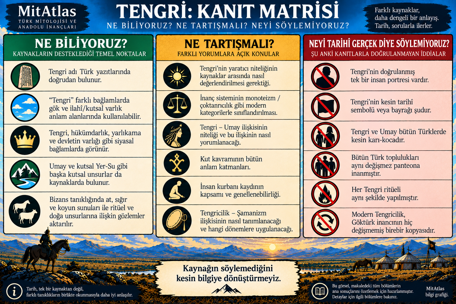 Tengri hakkında ne bildiğimizi, nelerin tartışmalı olduğunu ve hangi iddiaları tarihî gerçek olarak söylemediğimizi özetleyen MitAtlas kanıt matrisi.