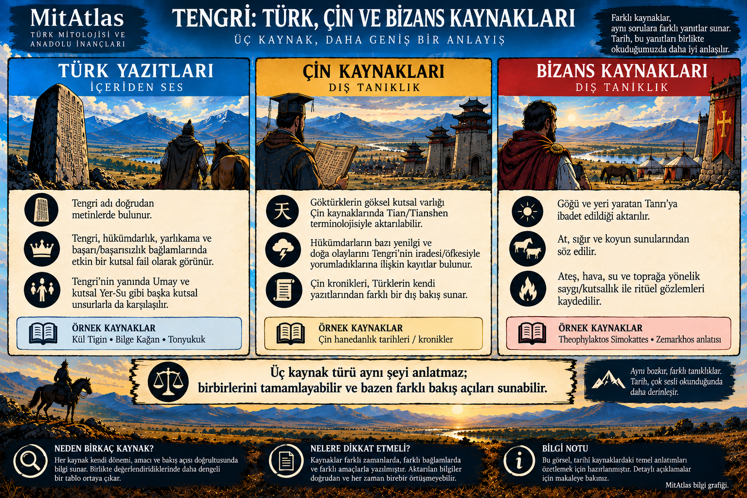 Tengri konusunda Türk yazıtları, Çin kaynakları ve Bizans tanıklıklarının farklı bakış açılarını karşılaştıran MitAtlas bilgi grafiği.