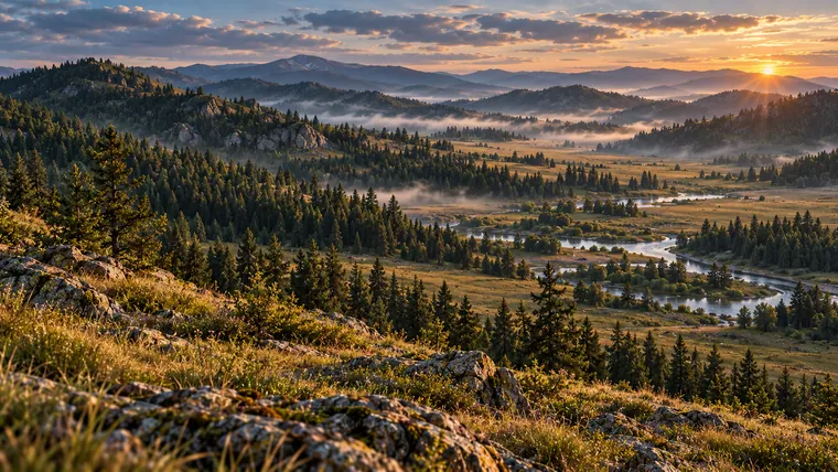 Wooded ridges interlocking with open meadow and a stream valley in an upland landscape.