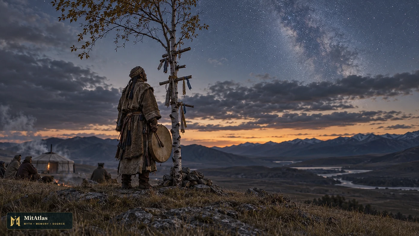 Editorial scene of an Altai ritual specialist beside a marked birch tree under the Milky Way, with a drum, yurt and gathered community.