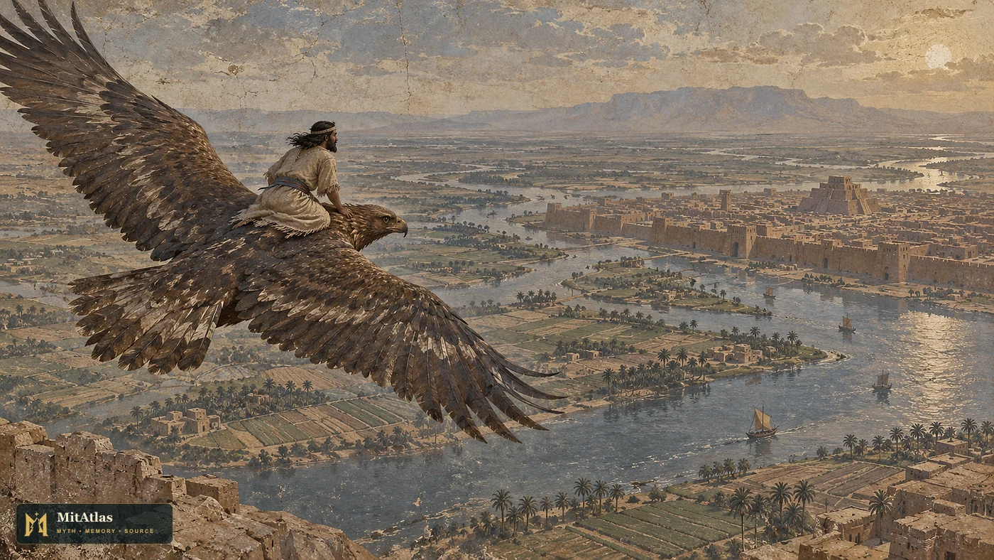 Editorial reconstruction of Etana riding an eagle above a Mesopotamian river city, rendered like a weathered historical mural rather than a literal artifact.