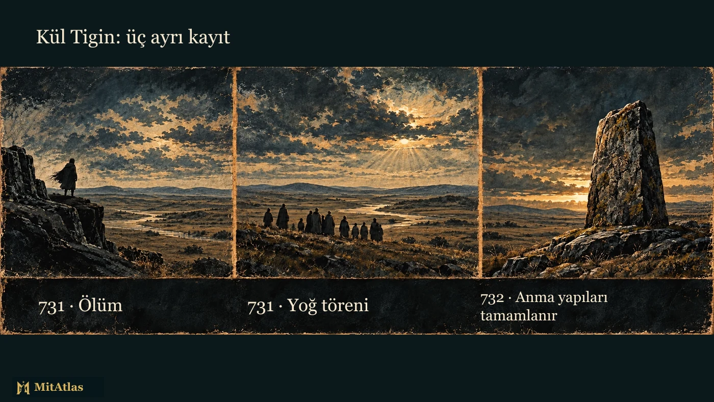 Kayıp, topluluk ve anma taşı sahnelerini ayıran üç panel; 731 ölüm, 731 yoğ töreni ve 732 anma yapılarının tamamlanması etiketleri.