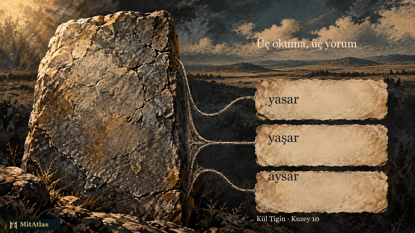 Yazısız taşın önünden ayrı parşömen alanlarına uzanan üç okuma yolu; yasar, yaşar ve aysar.