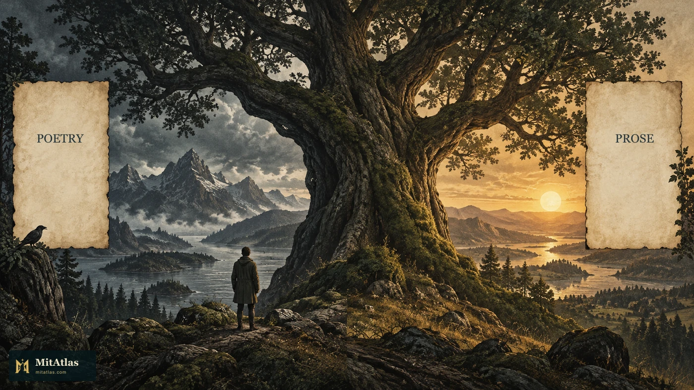 A small modern reader beneath an immense tree, with separate Poetry and Prose panels.
