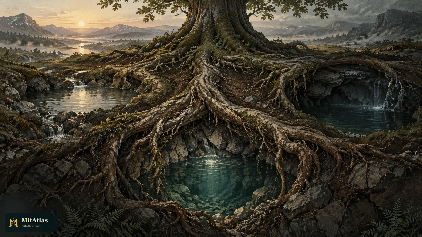 Three branching roots lead toward separate pools in a conceptual tree-and-water composition.