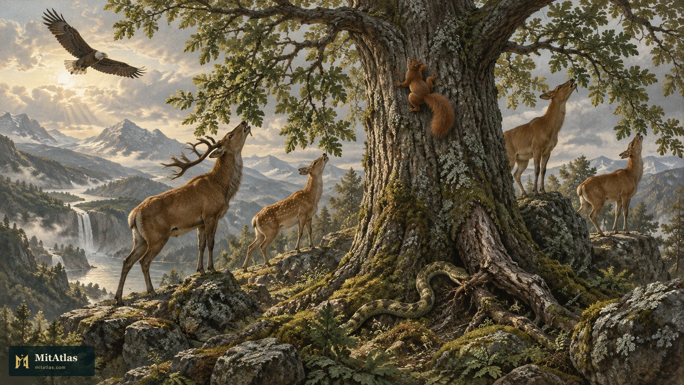 Four deer reach towards foliage, a squirrel climbs the trunk, an eagle occupies the upper space and a serpent lies by a root.