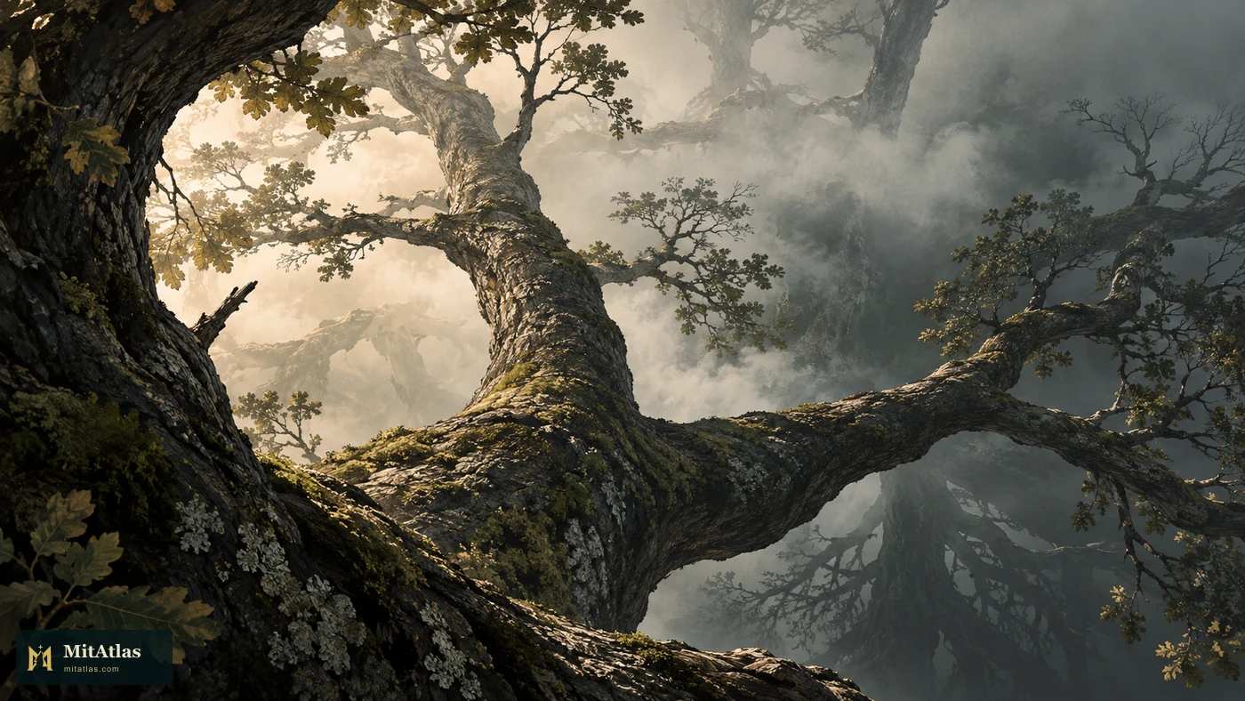 Close branching limbs recede into mist, leaving paths and their endpoints unseen.