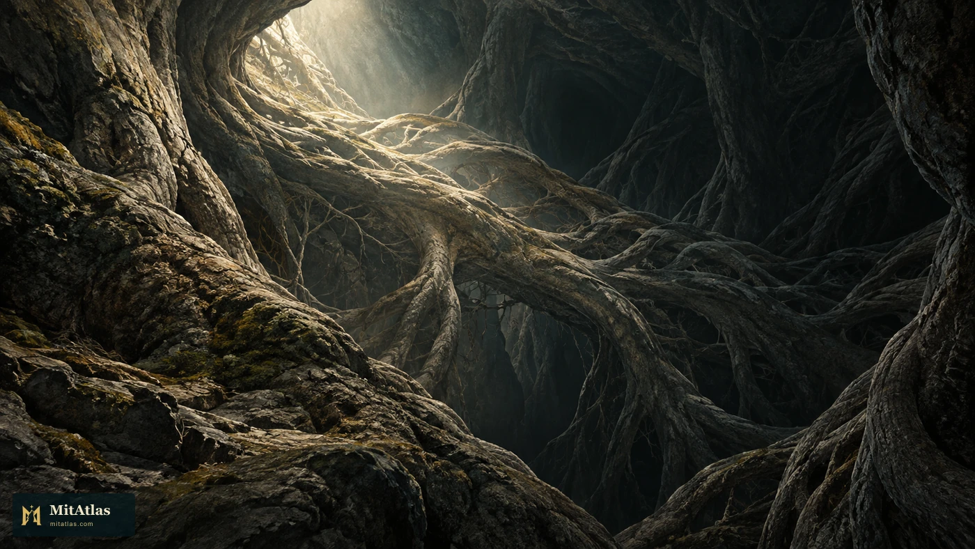 Interlaced roots descend into an unlit gap, with pale light revealing only the nearer wood.