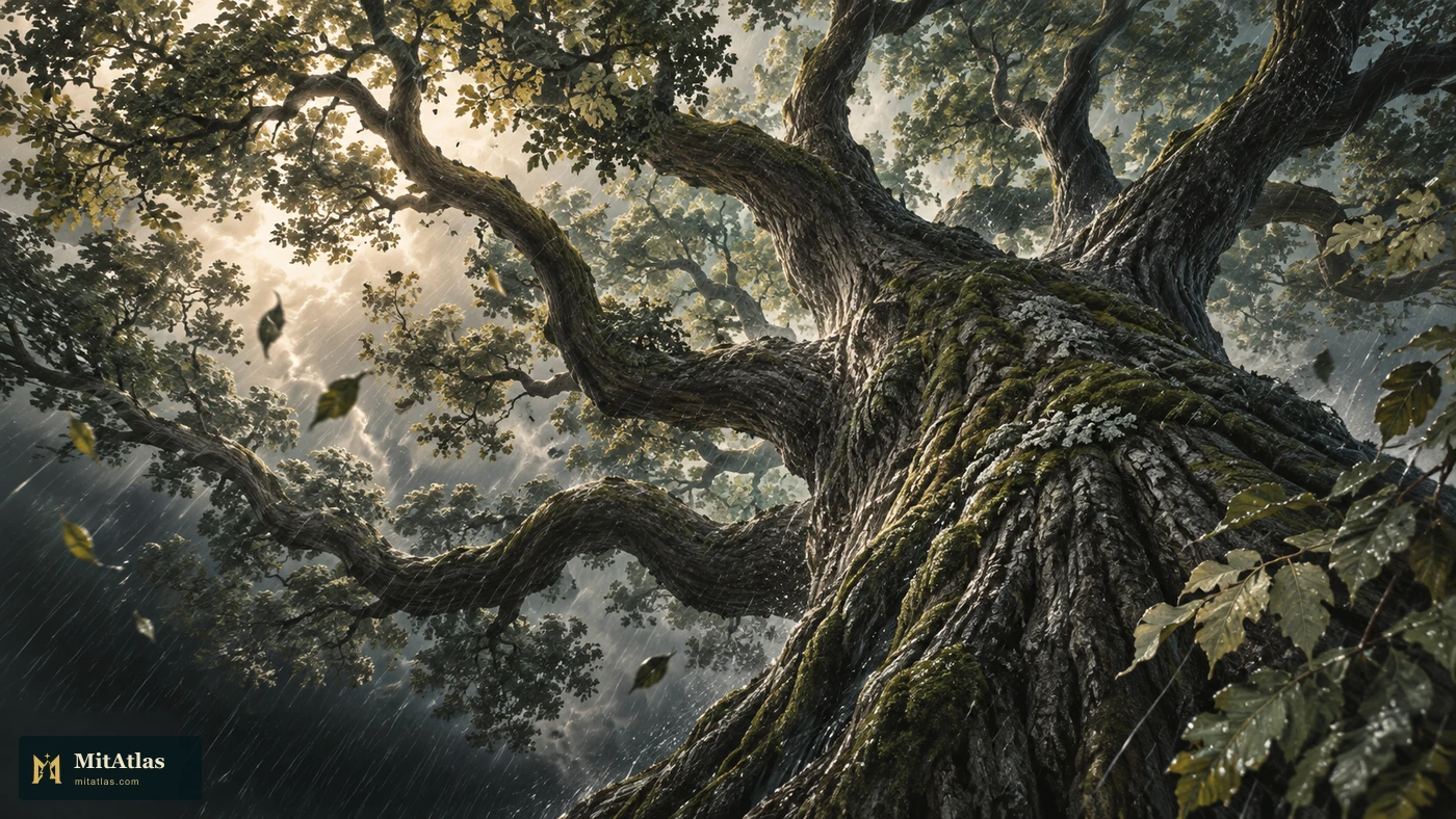 An upward view of immense branches straining in storm light and streaming rain.