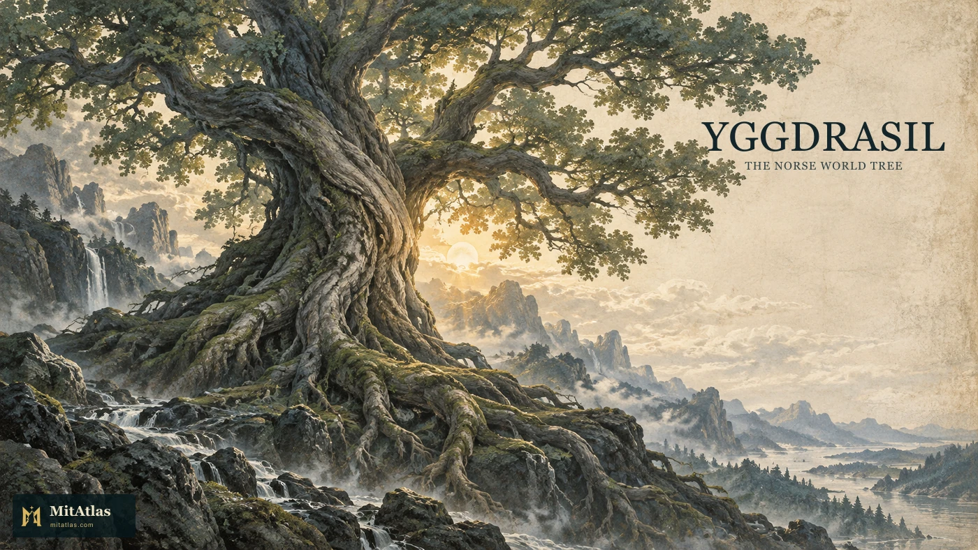 An immense tree with exposed roots; Yggdrasil, The Norse World Tree title.