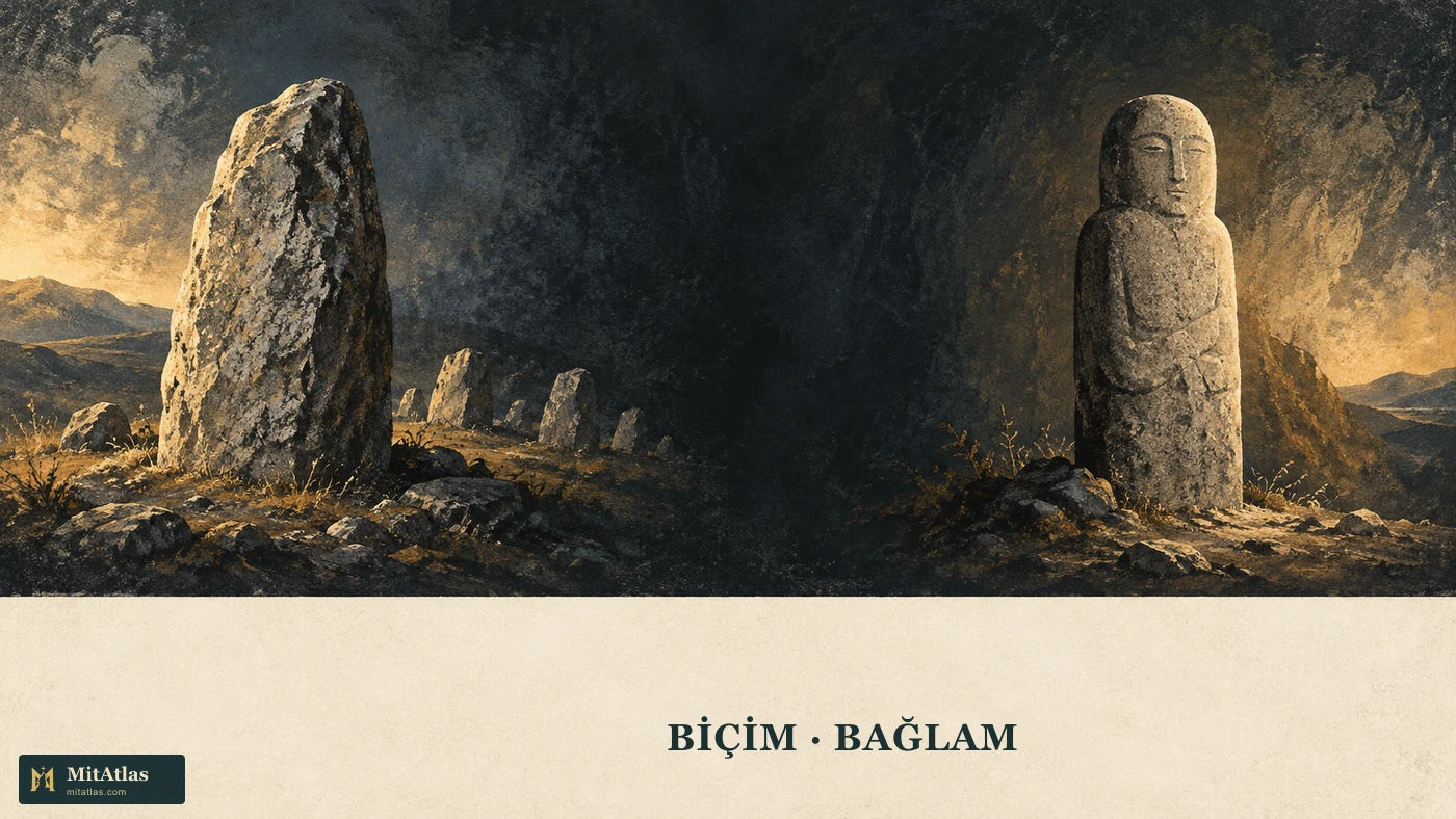 Ayrı resimsel alanlarda kaba dikili taş ve insan biçimli taş heykel karşılaştırması.