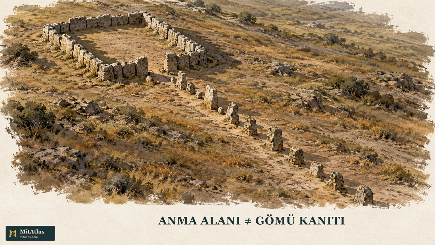 Yukarıdan eğik bakışla boş taş çevreleme ve dışarıya uzanan dikili taş sırasının kavramsal görünümü.