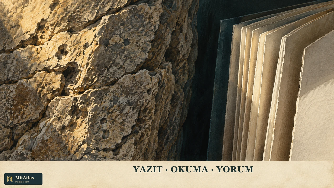 Aşınmış taş yüzeyi ile ondan ayrı boş neşir kâğıtlarını yan yana getiren yakın malzeme çalışması.