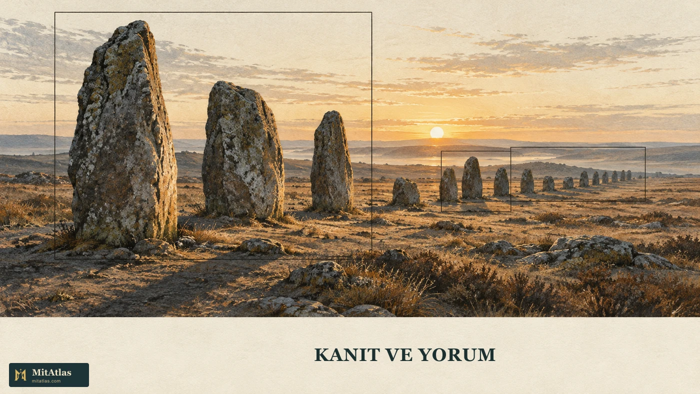 Tek taş sırasını farklı modern inceleme çerçeveleri içinden gösteren kavramsal levha.