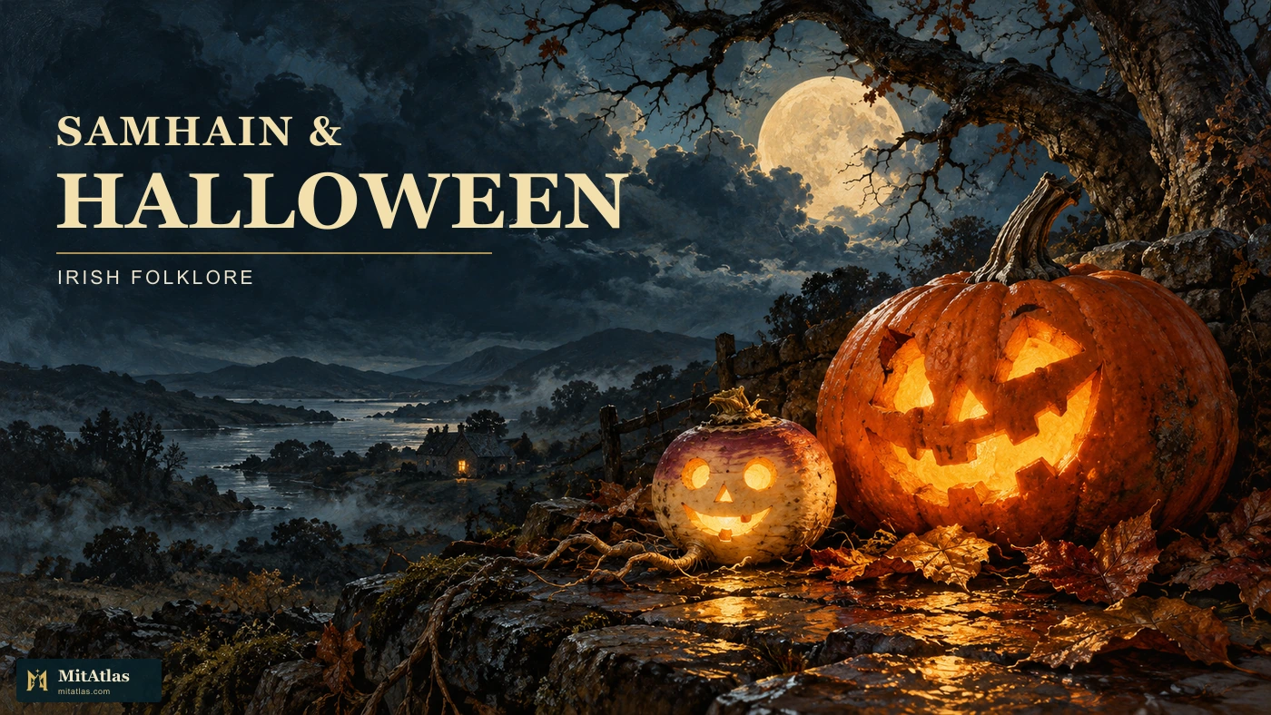 A glowing orange pumpkin lantern and smaller pale turnip lantern on wet stone under moonlit branches, with English Samhain and Halloween title and small MitAtlas mark.