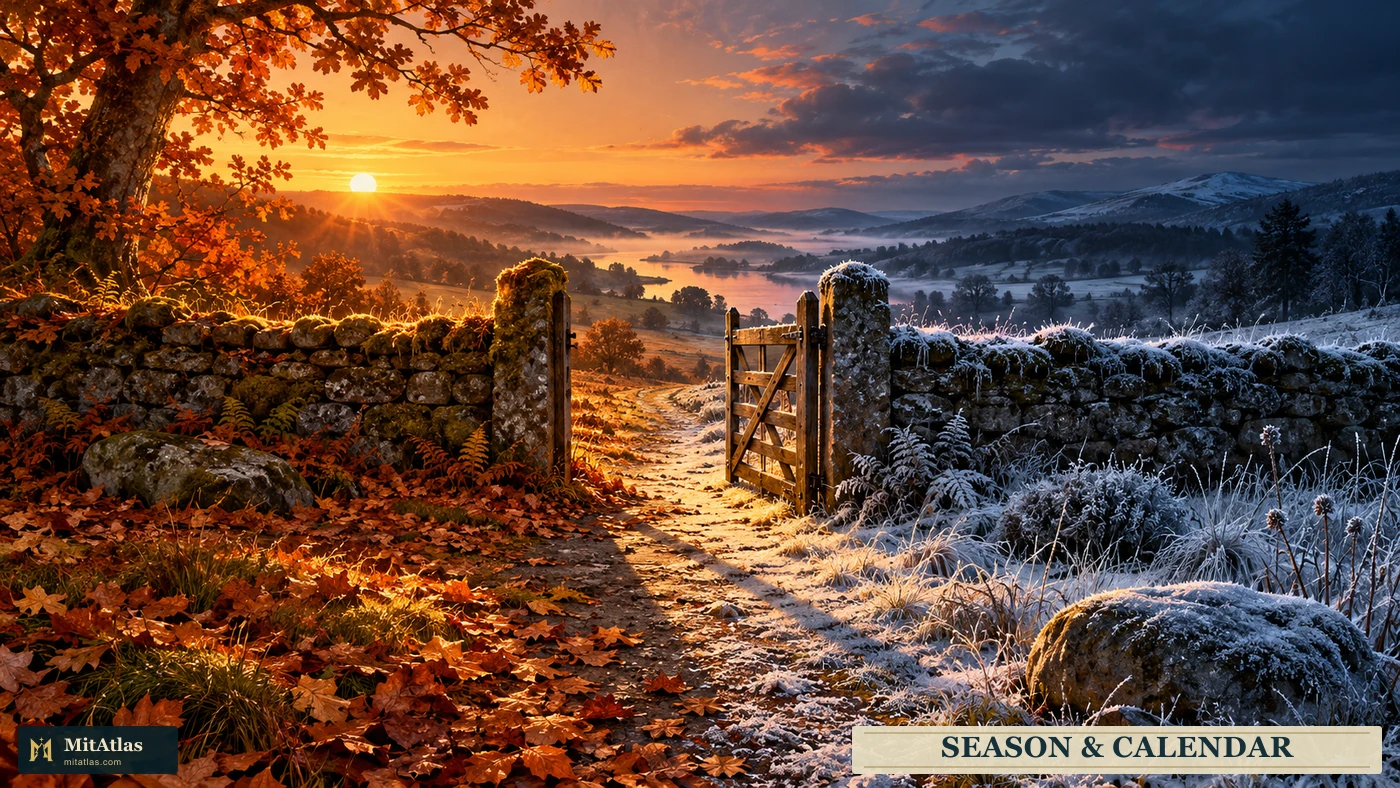 An open gate between sunlit autumn leaves and a frosty blue path, with a short English season label.