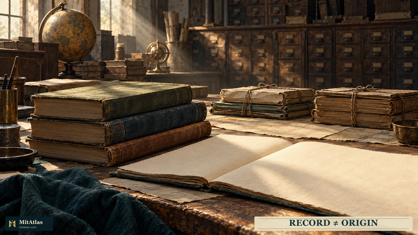 Blank notebooks, tied paper bundles and catalogue drawers in a painted archive study.