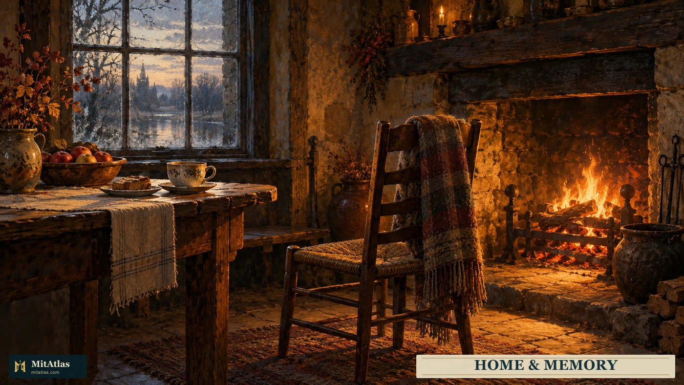 An unoccupied chair beside a warm hearth, with a cup, saucer and food on a table.