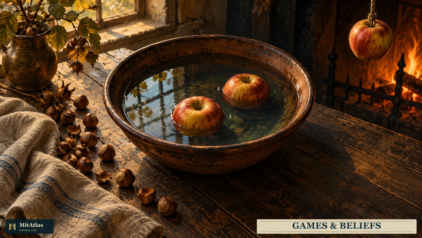Apples in a bowl of water, a suspended apple and nuts arranged in warm reflected light.