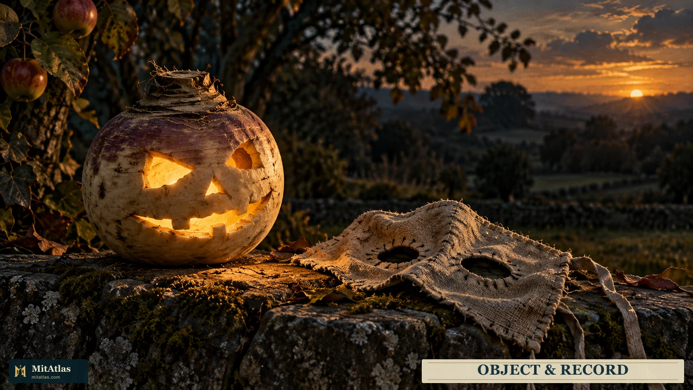 An original carved-turnip lantern and a simple cloth mask on a stone wall at dusk.