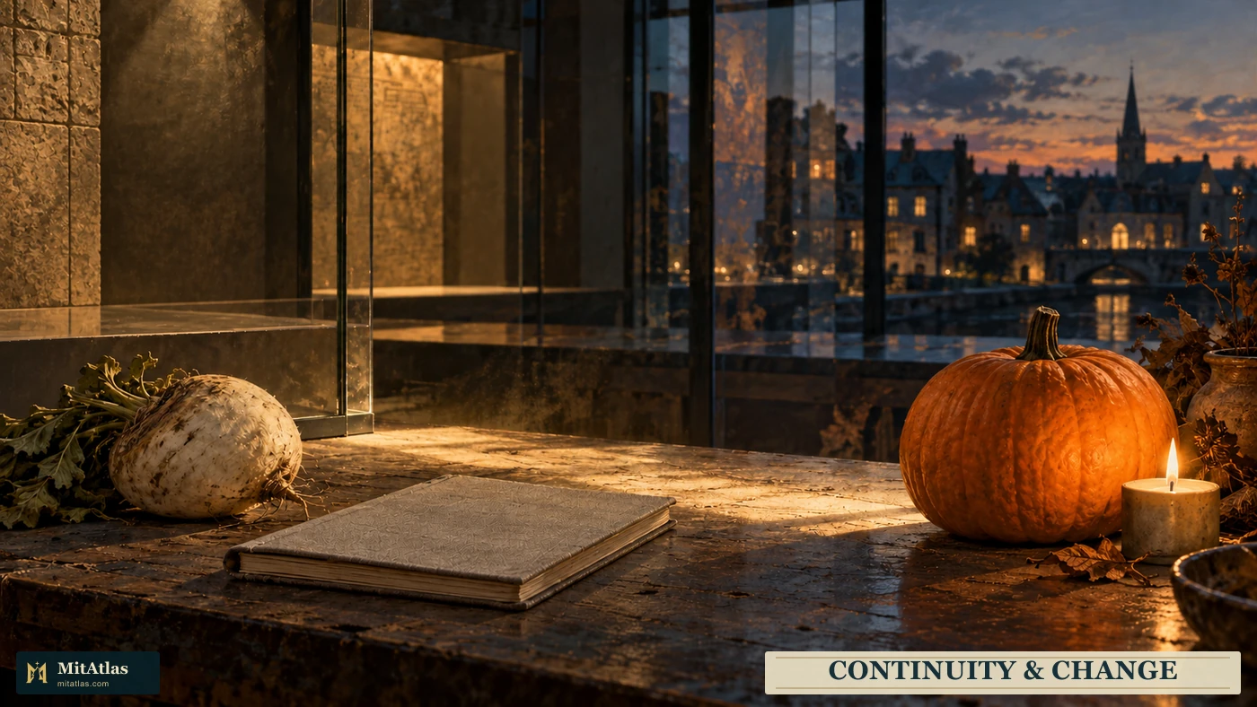 A turnip, a closed notebook and a pumpkin beside reflective glass and modern town windows.