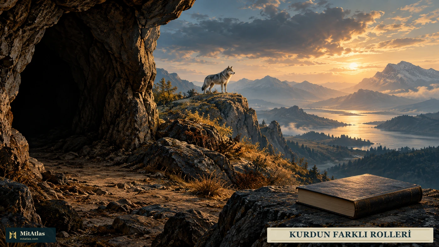 Kayalık bir eşik, uzak bir kurt ve yazısız kapalı bir cildin birbirinden ayrılan üç kompozisyon derinliği.